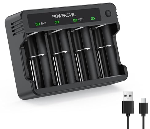 POWEROWL- AA AAA C D Battery Charge 4 Bay, Type C Input 5V 2A Fast Charging for Ni-MH Rechargeable Batteries