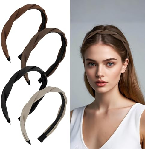 Norbiariz 4PCS Set Haarreifen Damen, Modische Breite Damen-Haarreifen, Einfarbiges Geflochtenes Haarreif