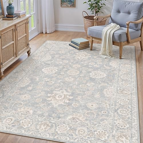 PureCozy Teppich Wohnzimmer 140x200cm Schlafzimmer Blau Teppiche | Weicher Kurzflor, Rutschfest, Pflegeleicht, Vintage Carpet, Esszimmer, Büro ,Kinderzimmer