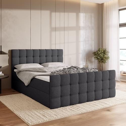 BROMARKT Boxspringbett mit Topper Bettkasten 160x200cm Härte H3 Grau | Doppelbett mit Kopfstütze Matratze und Fußteil Jugendbett Bett Bed Einzelbett Stauraum Boxbett Matratzenauflage DETROIT DUO
