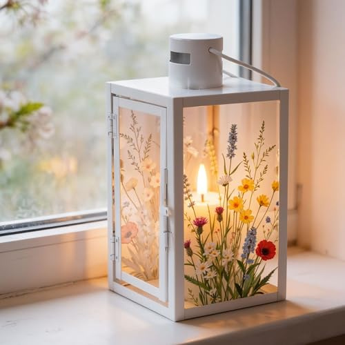 levandeo Laterne H25cm Metall Weiß Blumen Frühlingsdeko Windlicht Sommer Tischdekoration Lichtdeko