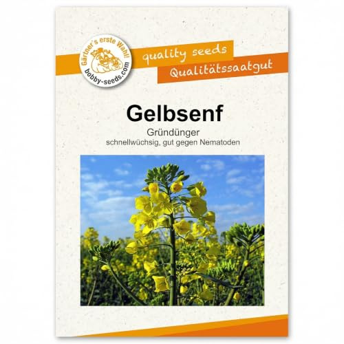 Gärtner's erste Wahl! Bobby-Seeds Gelbsenf 50 g für ca. 10 m², Saatgut ohne Gentechnik, Gründüngung für schwere Böden und Bodenkur im Garten, schnellwüchsiger Gründünger gegen Nematoden