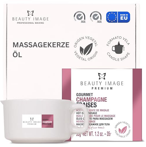 BEAUTY IMAGE Große Massagekerze – Champagner und Erdbeeren – Gourmet. 2 bis 3 Ganzkörpermassagen. Heißes Öl für professionelle Massage. Massagekerze für Sex.