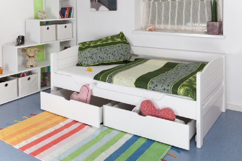 Einzelbett/Funktionsbett Easy Premium Line K1/s Voll inkl 2 Schubladen und 2 Abdeckblenden, 90 x 200 cm Buche Vollholz massiv weiß lackiert