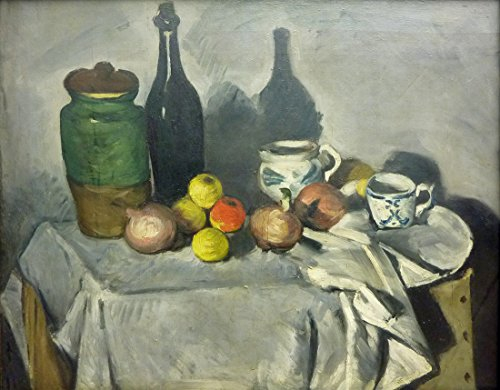Colorful Stream Still Life with Fruit and Crockery by Paul Cezanne. 100% Hand Painted.Oil On Canvas Reproduction (Unframed and Unstretched). Painting Size 48x38 In.