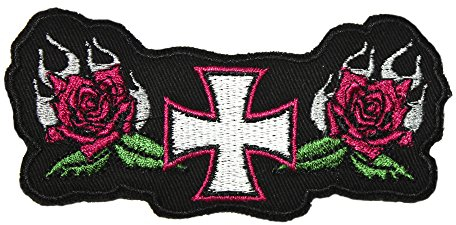Applikation Patches Stick Emblem Aufnäher - Eisernes Kreuz mit Rose - Gr. ca. 11,5cm x 5cm (04304) Bike Chopper Trucker Motorrad Kutte Jack