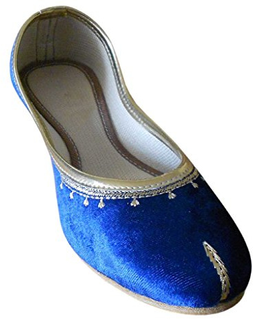 Kalra Creations Jutties Traditionelle indische Samt-Schuhe für Damen, Blau, Blau - blau - Größe: 39.5 EU