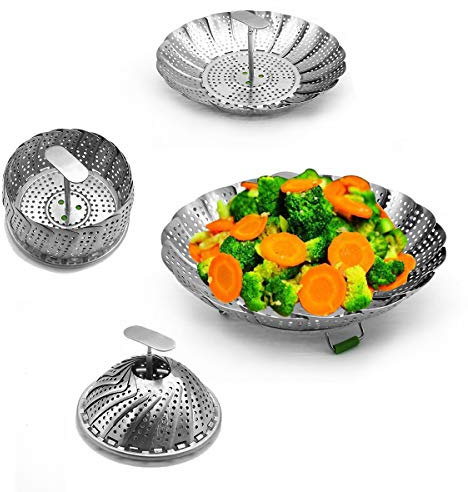 Food-Grade Stainless Steel Steamers Vegetable Steamers Basket with Extendable Handle and Foldable Silicone Feet,Strainer Insert for Pots, Pans, Crock Pots & More 9inch