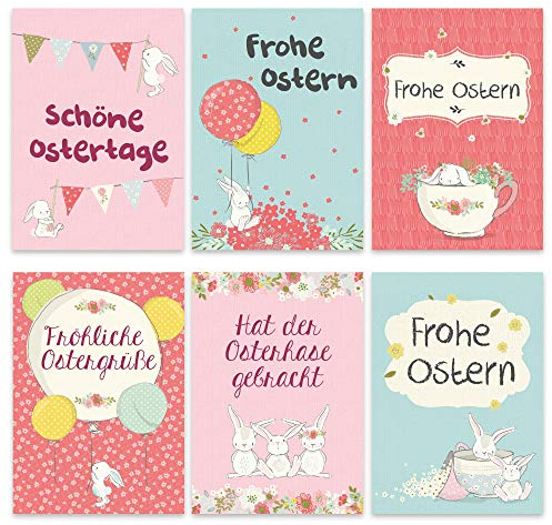 Papierdrachen 12 Osterkarten zum Sammeln und Verschicken - liebevoll gestaltetes Postkarten Set Osterhasen auf blau, rosa, coralle - Grußkarten Set 7