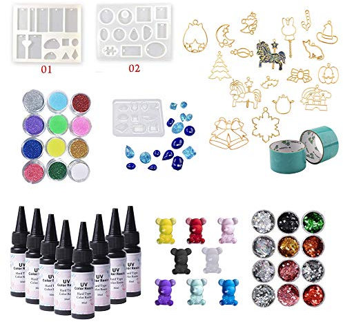 8-farbiges UV-Harz mit Schmuckgusszubehör 3 Formen 17 Rahmen Offene Einfassungen und Bänder für Anhänger Ohrringe Halsketten Schlüsselanhänger Broschen mit holographischem Glitzerpuder und Flocken