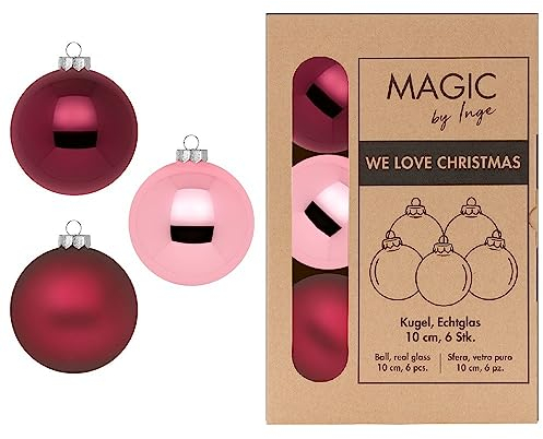 Inge Glas Weihnachtskugeln 10cm in Karton-Box | 6 XL Christbaumkugeln groß | Kugeln aus Glas (Berry Kiss | weinrot rosa)