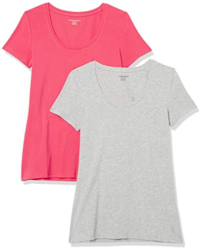 Amazon Essentials T-Shirt Col Rond à Manches Courtes, Coupe Classique (Disponible en Grande Taille) Femme, Lot de 2, Gris Clair Chiné/Rose Incandescent, XL