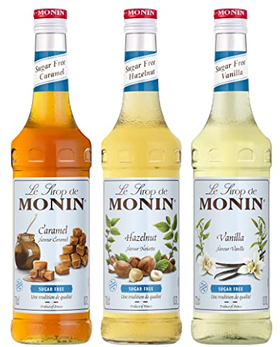 MONIN - Assortiment MONIN Sans Sucre Saveurs Vanille, Caramel, Noisette - Pour Café, Chocolat Chaud, Capuccino ou Latte - Arômes Naturels - Bouteille en Verre - 3 x 70 cl