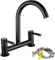 Maynosi Black Kitchen Sink Mixer Tap, Dual Lever Bridge Kitchen Mixer Taps, 2 Hole Sink Faucet, 180 mm Centers Deck Mounted, 1/4 Turn, 360° Swivel Spout, Brass, Include Flexible Hoses, Matte Black