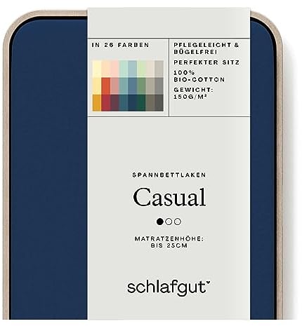 Schlafgut Casual Spannbettlaken 140x200cm bis 160x200cm - 100% Biobaumwolle, Oeko-TEX Zertifiziert, Blue Deep, Matratzenhöhe bis 25cm