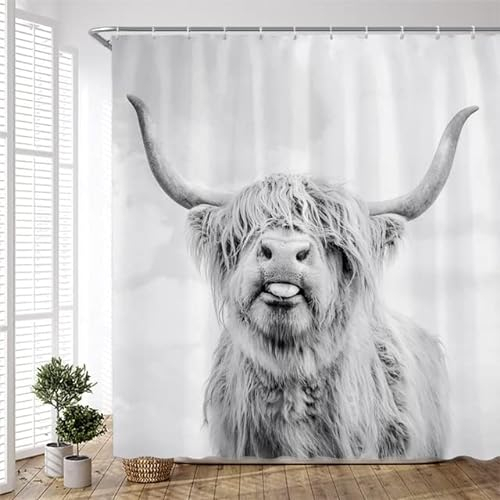 YCDtop Duschvorhang Shower Curtain Lustige Graue Hochlandrinder Duschvorhänge Rustikale Farm Animal Windmühle Moderne Wohnkultur Badezimmervorhänge Sets Polyestergewebe