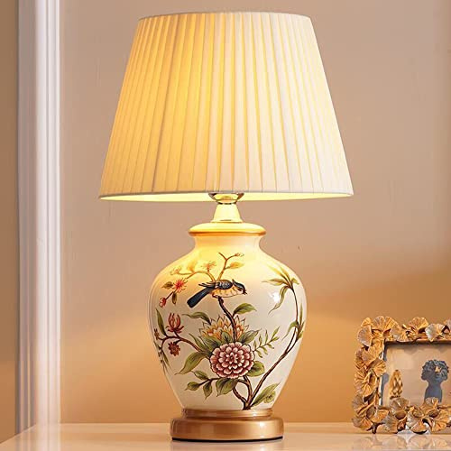 Lámpara de Mesa de Cerámica Vintage, Lámpara de Noche de Dormitorio Pantalla Plisada Lámpara de Porcelana Pintada Azul Y Blanca Cuerpo Lámpara de Escritorio China, Sala de Estar/Estudio/Comedor (B)
