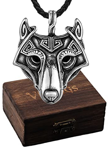 WYPAN Wikinger Fenrir Wolf Halskette Für Männer Und Frauen, Nordische Mythologie, Wolfskopf Anhänger, Nordisches Vintage Wolf Schmuckgeschenk Mit Lederkette,Wolf Gifts,24