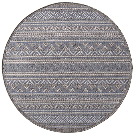 Taracarpet Outdoor Teppich Wetterfest Wohnzimmer Balkon Küchenteppich Flachgewebe Sisaloptik Muster Kelim blau 160x160 cm rund