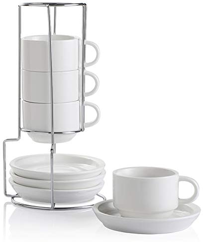 Sweejar Home Tazze da cappuccino in porcellana con piattini e supporto in metallo, impilabili, per bevande speciali, caffè, latte, americano, tè, set da 4 (bianco, 120 ml)