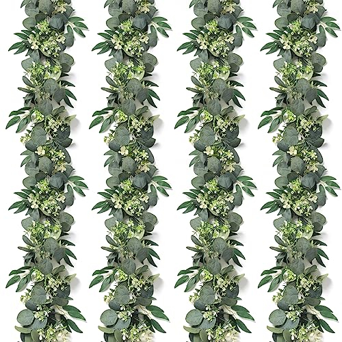 4 Stück Eukalyptus Girlande,Künstliche Eukalyptus Pflanze 170cm Hängend Grüne Girlande Eukalyptus Blätter Deko mit Weiße Blumen Eukalyptusranke für Hintergrund Hochzeit (4, Eukalyptus künstlich)