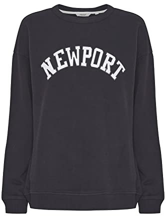 OXMO OXCOLEEN Damen Sweatshirt Pullover Sweater O-Neck Crewneck College-Look Frontprint überschnittene Ärmel 100% Baumwolle, Größe:L, Farbe:Black (194007)