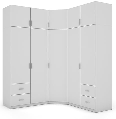 e-Meblast - 3-teilige Eckschrank - 189x240x54 cm - Ohne Spiegel - Schlafzimmer, Wohnzimmer Eck Ecke Eckeschrank - 20 Einlegeböden - 4 Schubladen - 3 Kleiderstange - Schrank - PVC-Kante - Weiß/Weiß