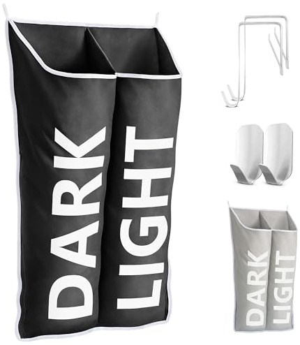 DONAQ Hängender Wäschekorb – Hängender Wäschesammler für Badezimmer & Schlafzimmer – Platzsparende Aufbewahrung für Wand und Tür – breiter offener Korb mit 2 Abschnitten und 2 Reißverschlüssen für