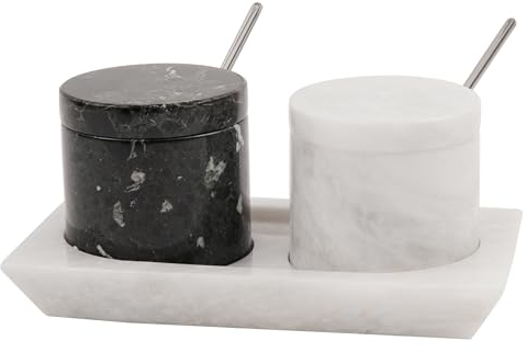 Radicaln Marble Salt Cellar with Lid Black and White Handmade Set of 2 Salt and Pepper Bowl Box with Marble Tray - Spice & Salt Storages for Kitchen Rack - Spices Container Set for Home