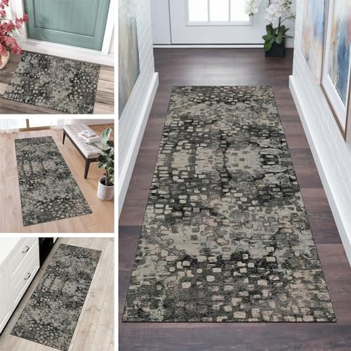 QQrunner Läufer Flur Küche Teppich rutschfest 60x550CM Küchenteppich Abstrakt Vintage Grau Beige Waschbar Meterware Schlafzimmer Korridor Teppichläufer Lang, Länge Anpassbare, 60-120cm Breit