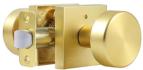 naubea Privacy Gold Door Knobs Interior, Satin Brass Door Knobs Interior with Lock, Heavy Duty Modern Square Brushed Gold Door Handle for Bedroom Bathroom