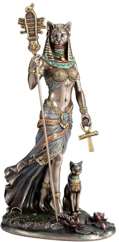 Veronese Design Ägyptische Göttin Bastet mit Sistrum-Instrument und Ankh-Kreuz mit Katze, kaltgegossenes Kunstharz, Bronze-Finish, Skulptur, 26,4 cm
