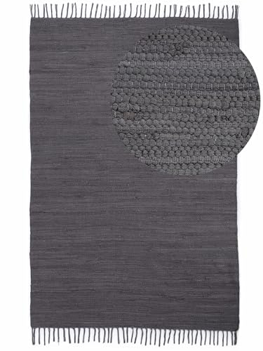 carpetfine Flickenteppich Kelim Chindi Uni Grau 60x90 cm, handgewebt | Fleckerlteppich aus Baumwolle für Wohnzimmermit Fransen