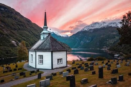 adrium Acryl-Bild 140 x 90 cm: klassische norwegische Kirche in Geiranger über dem Fjord bei wunderschönem roten Sonnenuntergang (164959581)