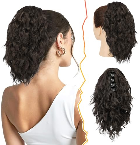 BARSDAR Pferdeschwanz Haarverlängerung 30CM Klauen Clip Pferdeschwanz Verlängerung Kurzes Lockige Wellige Braun Haar Synthetik Clip Pferdeschwanz Haarteil für Damen (Dunkel Braun)