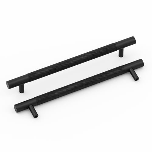 LONTAN 10 Pack Black Kitchen Cabinet Handles 160mm Hole Centers Knurled Black Cupboard Handles Aluminium Alloy