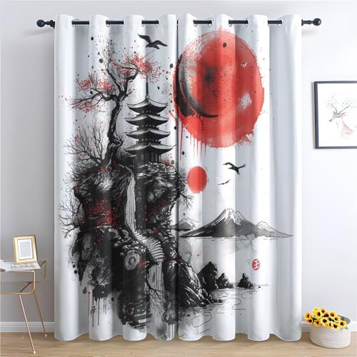 Japanische Pagode Vorhang, Anime Sonnenuntergang Gardinen mit Ösen 2er Set Verdunkelungsvorhang, Pflaumenblüte Vorhänge, Wohnzimmer Schlafzimmer Kinderzimmer Blickdichte vorhänge, 137x117 cm 2u&k-236