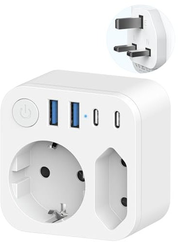 Adattatore da viaggio Germania a UK con 4 USB (2 tipo C), 2 adattatori da viaggio Inghilterra, spina da viaggio, adattatore da Schuko a tipo G, per Regno Unito, Irlanda Malta, colore: Bianco