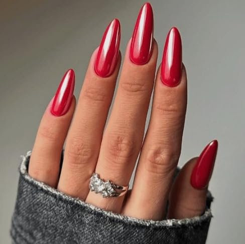 Faux Ongles Court MouyouGlow,Amande Rouge Solid Glazed Donut Hailey Bieber Jour de Noël Christmas XMAS Press on Nails avec Colle à Ongles,New Year Red Chrome Glacé Fake Nails