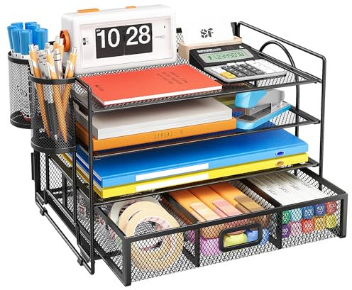 VITVITI Desk Organiser Tray, 4 Tier Letter Paper Tray Organiser with 2 Pen Holders, Desktop Organizer with Drawer for Staionary Accessories, Magazine, Home, School, Office - Black with Drawer
