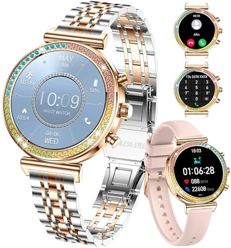 TAYSHILEY Smartwatch Fitness Da Donna, Display HD Da 1,27 Policy, Chiamata Bluetooth, Smartwatch Sportivo Impermeabile, Cardiofrequenzimetro, Contapassi - Compatibile Con Android e iOS (Oro bicolore)