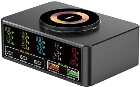 Docooler 140W Power Fast Charging Hub USB Charger Station Multi Port Desktop Multi-Port USB Charging 15W Magnetic Wireless Fast Charger Real-time Current Display for Cell Phone Laptop