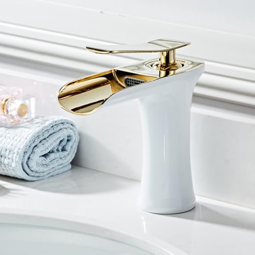 Rubinetto Bagno Miscelatore Lavabo Miscelatore per Lavello Cascata Bianco+Oro Rubinetto da Bagnos Miscelatore Monoforo per Lavabo da Bagno