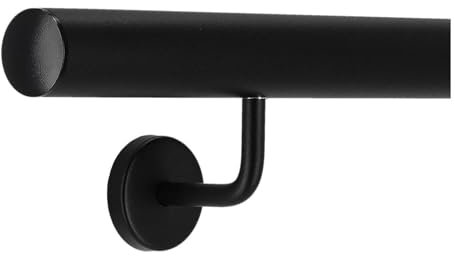 TIBU Pasamanos de aluminio negro 30-600 cm pasamanos de pared escalera soporte de acero inoxidable en ángulo, longitud 130 cm con 2 soportes y tapa ligeramente curvada