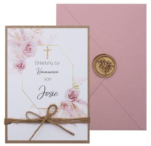ZauberDeko Einladungskarte mit Briefumschlag Rosa Blumen Personalisiert Kommunion Konfirmation Taufe Karte