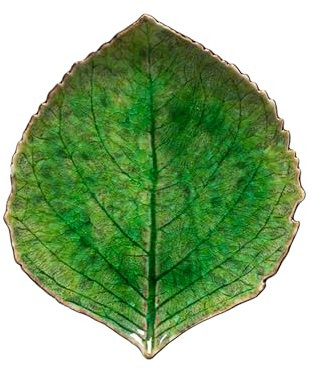 Costa Nova assiette Riviera: Assiette en grès fin en forme de feuille d’hortensia verte, glaçure craquelée, empilable, finition artisanale, compatible lave-vaisselle et micro-ondes, 17,2 x 15 cm