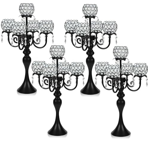 Eleganter Kristall-Kerzenhalter mit 5 Armen, Kerzenständer für Hochzeitstisch, 55,9 cm hoch, Kerzenhalter, Tisch-Kandelaber, Veranstaltung, Party, Tischdekoration, Heimdekoration (4, schwarze, runde