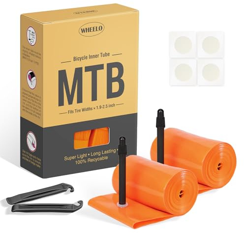 WHEELO Fahrradschlauch für Mountainbike, 27,5 x 2,1/2,5, ultraleicht, mit 48 mm Presta-Ventilen für Mountainbike, inklusive Fahrradschlauch-Reparaturset, Orange, 2 Stück