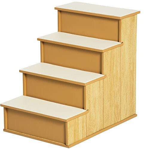 PawHut Escalera para Perros de 4 Peldaños Escalera para Mascotas Escalones para Perros Gatos con Acolchados Desmontables Carga 30 kg para Cama Sofá 40x59x54,2 cm Natural y Crema