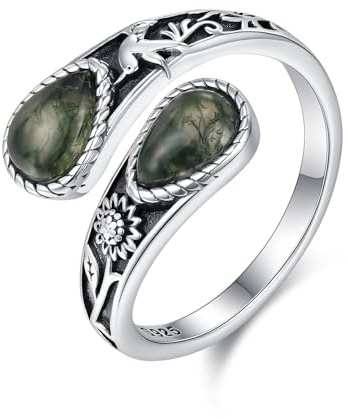 Moosachat Ring für Damen 925 Sterling Silber Kolibri Sonnenblume Ring Natürlicher Moosachat Schmuck Verstellbarer Löffelring